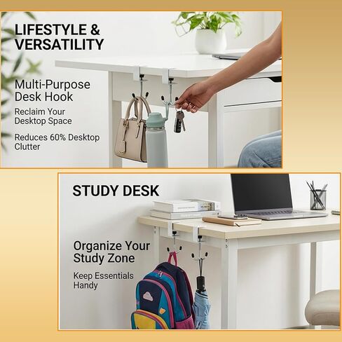 4 Pack Adjustable Under Desk Hooks (2 Black & 2 White), Universal Bag Hanger Fits Most Table Thickness, 100LB Capacity Heavy-Duty Dual Hook for Purse, Backpack, Office Home in Saudi Arabia