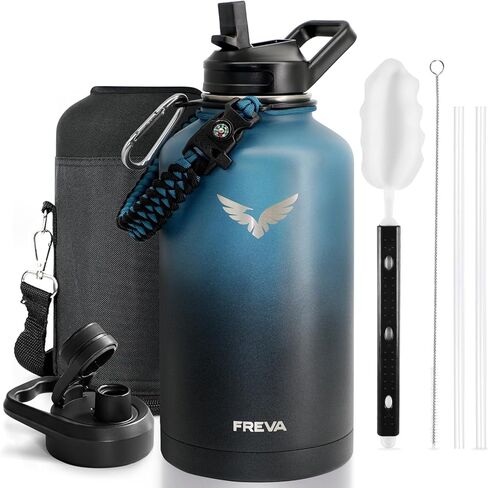 Insulated Water Bottle 64 oz, Triple-layered/Vacuum Stainless Steel (Cold for 48 Hrs), Half Gallon Large Water Jug with Paracord Handle, Straw & Spout Lids, Leakproof & BPA-Free, Indigo/Black in Saudi Arabia