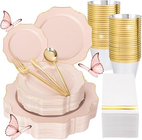 WDF 175Pcs Pink Plastic Plates - Pink and Gold Plates Disposable 25guest Plastic Dinnerware Ideal for Bridal Shower/Wedding/Baby Shower/Spring/Mother's Day in Saudi Arabia