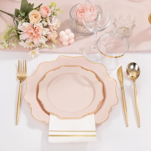 WDF 175Pcs Pink Plastic Plates - Pink and Gold Plates Disposable 25guest Plastic Dinnerware Ideal for Bridal Shower/Wedding/Baby Shower/Spring/Mother's Day in Saudi Arabia