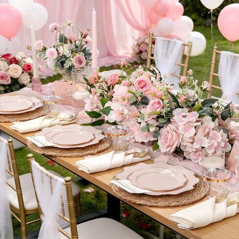 WDF 175Pcs Pink Plastic Plates - Pink and Gold Plates Disposable 25guest Plastic Dinnerware Ideal for Bridal Shower/Wedding/Baby Shower/Spring/Mother's Day in Saudi Arabia
