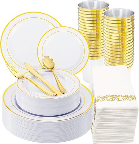 WDF 175Pcs Pink Plastic Plates - Pink and Gold Plates Disposable 25guest Plastic Dinnerware Ideal for Bridal Shower/Wedding/Baby Shower/Spring/Mother's Day in Saudi Arabia