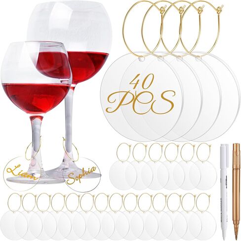 Tondiamo 40 Pcs DIY Wine Charms for Glasses Acrylic Wine Charms with Rings Tags Marker Pen Blank Glass Labels Bulk for Stem Cocktail Champagne Wedding Dinner Party Favor in Saudi Arabia