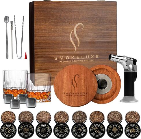 Whiskey Smoker Kit with 8 Wood Chip Flavors - Premium Bourbon Smoker Kit Set with Glasses, Stainless Steel Ice Cubes, Refillable Torch Lighter & Custom Wood Box - Birthday Gifts for Men in Saudi Arabia