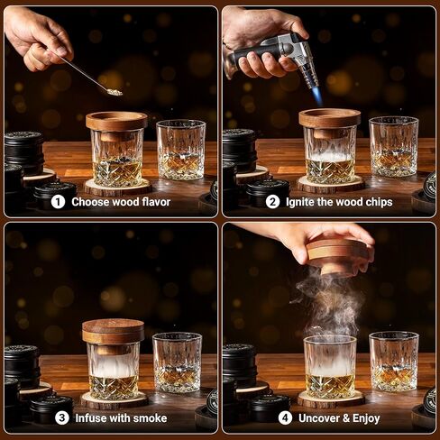 Whiskey Smoker Kit with 8 Wood Chip Flavors - Premium Bourbon Smoker Kit Set with Glasses, Stainless Steel Ice Cubes, Refillable Torch Lighter & Custom Wood Box - Birthday Gifts for Men in Saudi Arabia