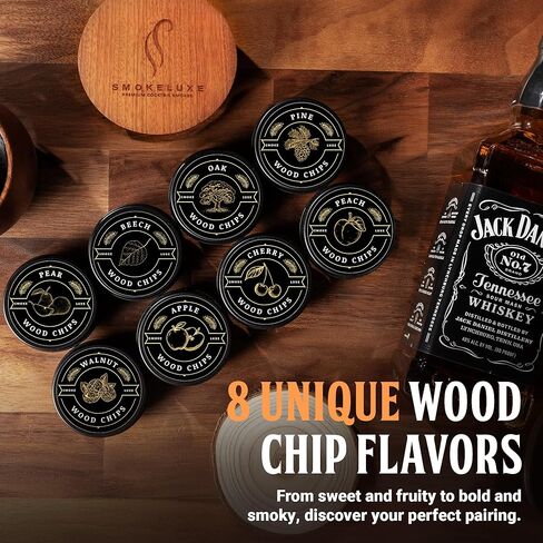Whiskey Smoker Kit with 8 Wood Chip Flavors - Premium Bourbon Smoker Kit Set with Glasses, Stainless Steel Ice Cubes, Refillable Torch Lighter & Custom Wood Box - Birthday Gifts for Men in Saudi Arabia