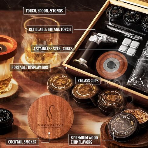 Whiskey Smoker Kit with 8 Wood Chip Flavors - Premium Bourbon Smoker Kit Set with Glasses, Stainless Steel Ice Cubes, Refillable Torch Lighter & Custom Wood Box - Birthday Gifts for Men in Saudi Arabia