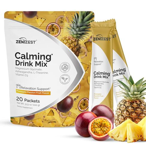 ZeniZest Calming Drink Mix Powder - Natural Cortisol Balance Calm Sleep Stress Support Supplement with Magnesium Glycinate Ashwagandha L-Theanine Vitamin D3 - Pineapple Passion Fruit Flavor 20 Packets in Saudi Arabia