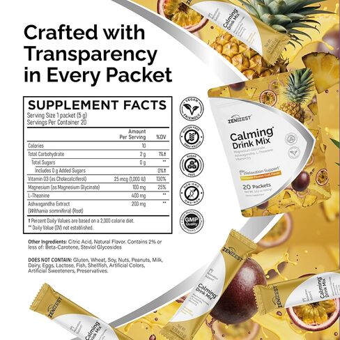 ZeniZest Calming Drink Mix Powder - Natural Cortisol Balance Calm Sleep Stress Support Supplement with Magnesium Glycinate Ashwagandha L-Theanine Vitamin D3 - Pineapple Passion Fruit Flavor 20 Packets in Saudi Arabia