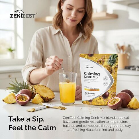 ZeniZest Calming Drink Mix Powder - Natural Cortisol Balance Calm Sleep Stress Support Supplement with Magnesium Glycinate Ashwagandha L-Theanine Vitamin D3 - Pineapple Passion Fruit Flavor 20 Packets in Saudi Arabia