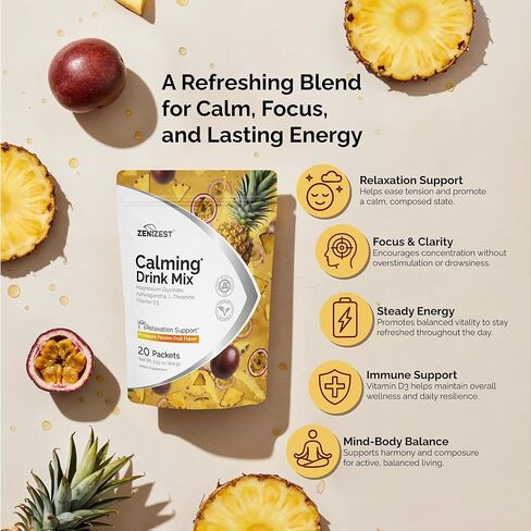 ZeniZest Calming Drink Mix Powder - Natural Cortisol Balance Calm Sleep Stress Support Supplement with Magnesium Glycinate Ashwagandha L-Theanine Vitamin D3 - Pineapple Passion Fruit Flavor 20 Packets in Saudi Arabia