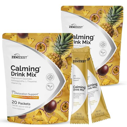 ZeniZest Calming Drink Mix Powder - Natural Cortisol Balance Calm Sleep Stress Support Supplement with Magnesium Glycinate Ashwagandha L-Theanine Vitamin D3 - Pineapple Passion Fruit Flavor 20 Packets in Saudi Arabia