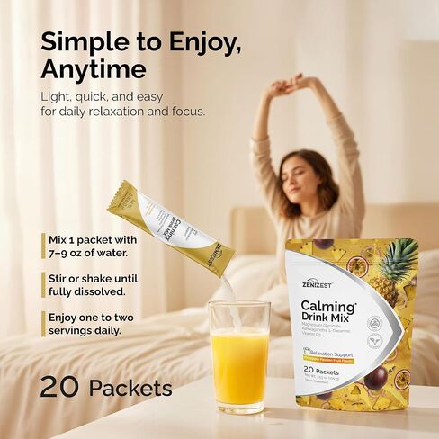 ZeniZest Calming Drink Mix Powder - Natural Cortisol Balance Calm Sleep Stress Support Supplement with Magnesium Glycinate Ashwagandha L-Theanine Vitamin D3 - Pineapple Passion Fruit Flavor 20 Packets in Saudi Arabia