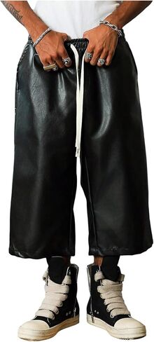 GORGLITTER Men's Faux Leather Shorts Baggy Y2k Hip Hop Capris Wide Leg Bermuda Shorts with Pockets Streetwear in Saudi Arabia