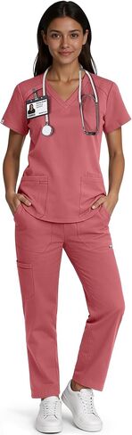 طقم سكراب للنساء - طقم زي طبي برقبة على شكل حرف V وبنطلون بأرجل مستقيمة، 9 جيوب، قصة ضيقة، حزام متعدد الاستخدامات in Kuwait