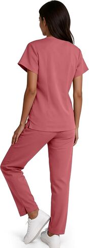 طقم سكراب للنساء - طقم زي طبي برقبة على شكل حرف V وبنطلون بأرجل مستقيمة، 9 جيوب، قصة ضيقة، حزام متعدد الاستخدامات in Kuwait