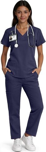 طقم سكراب للنساء - طقم زي طبي برقبة على شكل حرف V وبنطلون بأرجل مستقيمة، 9 جيوب، قصة ضيقة، حزام متعدد الاستخدامات in Kuwait