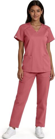 طقم سكراب للنساء - طقم زي طبي برقبة على شكل حرف V وبنطلون بأرجل مستقيمة، 9 جيوب، قصة ضيقة، حزام متعدد الاستخدامات in Kuwait