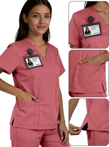 طقم سكراب للنساء - طقم زي طبي برقبة على شكل حرف V وبنطلون بأرجل مستقيمة، 9 جيوب، قصة ضيقة، حزام متعدد الاستخدامات in Kuwait