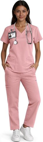 طقم سكراب للنساء - طقم زي طبي برقبة على شكل حرف V وبنطلون بأرجل مستقيمة، 9 جيوب، قصة ضيقة، حزام متعدد الاستخدامات in Kuwait