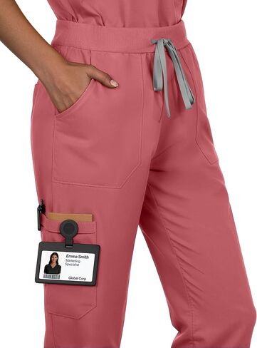 طقم سكراب للنساء - طقم زي طبي برقبة على شكل حرف V وبنطلون بأرجل مستقيمة، 9 جيوب، قصة ضيقة، حزام متعدد الاستخدامات in Kuwait