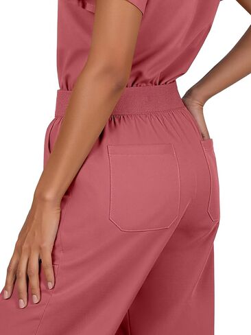 طقم سكراب للنساء - طقم زي طبي برقبة على شكل حرف V وبنطلون بأرجل مستقيمة، 9 جيوب، قصة ضيقة، حزام متعدد الاستخدامات in Kuwait