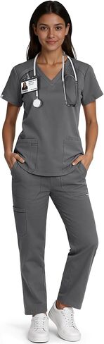 طقم سكراب للنساء - طقم زي طبي برقبة على شكل حرف V وبنطلون بأرجل مستقيمة، 9 جيوب، قصة ضيقة، حزام متعدد الاستخدامات in Kuwait