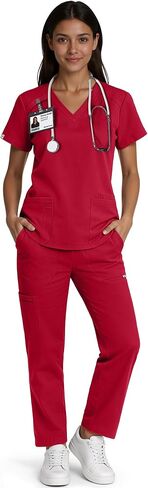 طقم سكراب للنساء - طقم زي طبي برقبة على شكل حرف V وبنطلون بأرجل مستقيمة، 9 جيوب، قصة ضيقة، حزام متعدد الاستخدامات in Kuwait