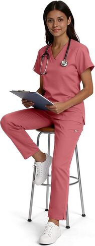 طقم سكراب للنساء - طقم زي طبي برقبة على شكل حرف V وبنطلون بأرجل مستقيمة، 9 جيوب، قصة ضيقة، حزام متعدد الاستخدامات in Kuwait