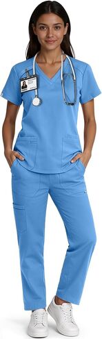 طقم سكراب للنساء - طقم زي طبي برقبة على شكل حرف V وبنطلون بأرجل مستقيمة، 9 جيوب، قصة ضيقة، حزام متعدد الاستخدامات in Kuwait