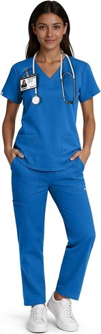 طقم سكراب للنساء - طقم زي طبي برقبة على شكل حرف V وبنطلون بأرجل مستقيمة، 9 جيوب، قصة ضيقة، حزام متعدد الاستخدامات in Kuwait