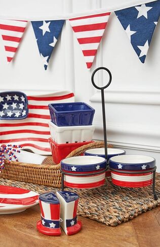 C&F Home الوطنية النجوم والمشارب العلم السيراميك الملح والفلفل شاكر مجموعة من 2 أمريكانا الولايات المتحدة الأمريكية الرابع من يوليو قبعة العم سام يوم الاستقلال نزهة الطبخ شواء بهار عشاء الطعام ديكور المطبخ in Kuwait