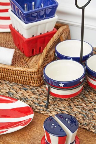 C&F Home الوطنية النجوم والمشارب العلم السيراميك الملح والفلفل شاكر مجموعة من 2 أمريكانا الولايات المتحدة الأمريكية الرابع من يوليو قبعة العم سام يوم الاستقلال نزهة الطبخ شواء بهار عشاء الطعام ديكور المطبخ in Kuwait