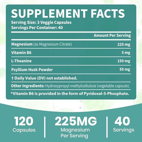 Magnesium Citrate Capsules for Constipation & Sleep Support - Vegan Magnesium Citrate Supplement with Vitamin B6 & L-Theanine for High Absorption - 120 Capsules, Non-GMO in Saudi Arabia