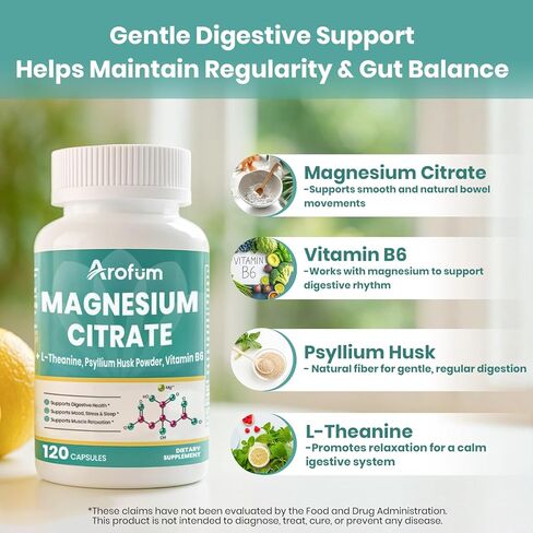 Magnesium Citrate Capsules for Constipation & Sleep Support - Vegan Magnesium Citrate Supplement with Vitamin B6 & L-Theanine for High Absorption - 120 Capsules, Non-GMO in Saudi Arabia