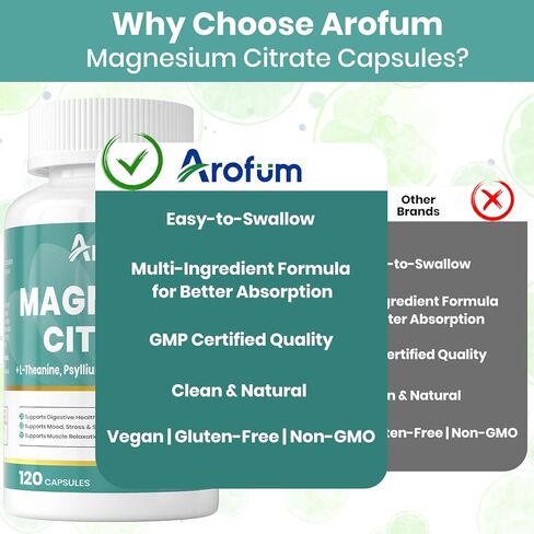 Magnesium Citrate Capsules for Constipation & Sleep Support - Vegan Magnesium Citrate Supplement with Vitamin B6 & L-Theanine for High Absorption - 120 Capsules, Non-GMO in Saudi Arabia
