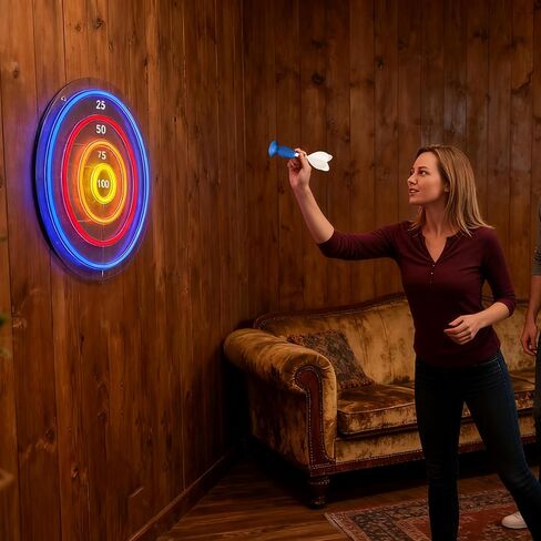 LED Light Up Dartboard with Safe Suction Cup Darts, LED Dartboard with Backlight for Kids, Teens & Adults, USB Powered Game Room Wall Decor for Family Fun in Saudi Arabia