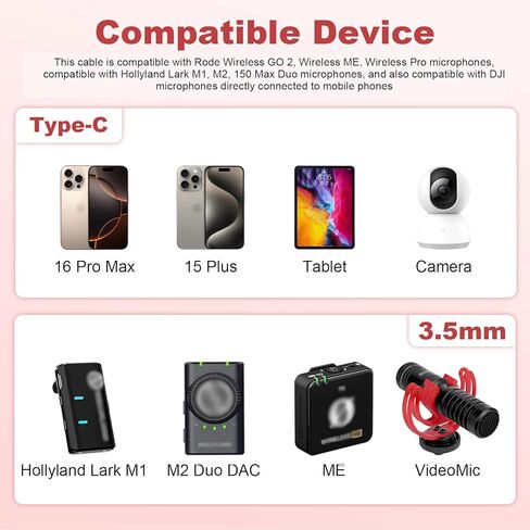 كابل ميكروفون USB C إلى 3.5 مم TRS لميكروفون Rode Wireless GO 2، ME، Pro Mic، لـ Hollyland Lark M1، M2، 150 Max Duo كابل صوت ملفوف سلك ميكروفون لهاتف iPhone 16 Pro Max 15 Plus، Android in Saudi Arabia