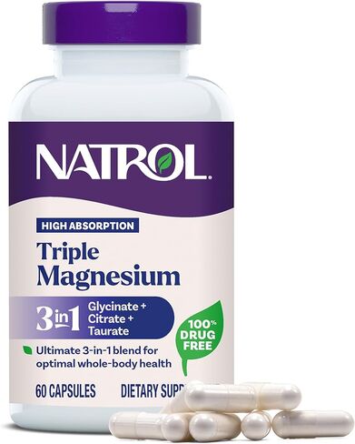 Natrol Triple Magnesium Complex Supplement, Glycinate, Citrate & Taurate 200mg High Absorption, Support Whole Body Wellness, 60 Capsules in Saudi Arabia
