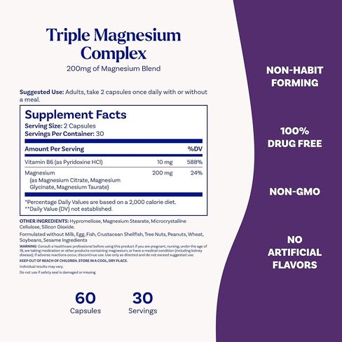 Natrol Triple Magnesium Complex Supplement, Glycinate, Citrate & Taurate 200mg High Absorption, Support Whole Body Wellness, 60 Capsules in Saudi Arabia