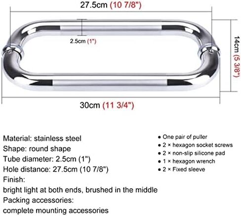 Heavy Duty Stainless Steel Commercial Glass Shower Door Handle Easy to Install Brushed Silver Finish 30cm (11 3/4") Length in Saudi Arabia