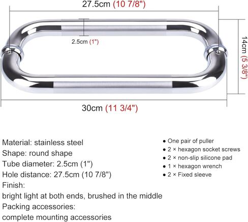 Heavy Duty Stainless Steel Commercial Glass Shower Door Handle Easy to Install Brushed Silver Finish 30cm (11 3/4") Length in Saudi Arabia