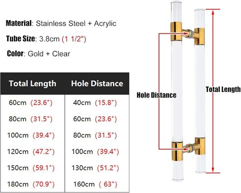 Acrylic Clear Crystal Finish Barn Door Handle Pull Bar for Long Commercial Sheds Gates with Double Sided Installation Gold (80X60cm/31.5"X23.6") in Saudi Arabia