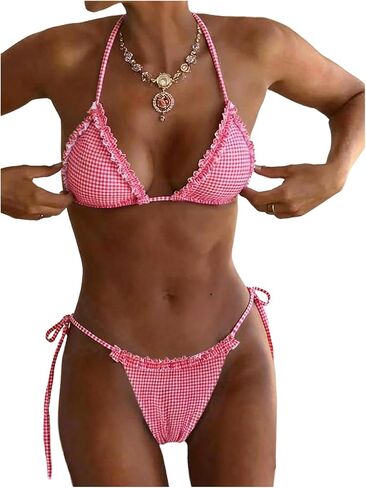 طقم بيكيني نسائي من MakeMeChic منقطة مثلث ثونغ بيكيني من القماش القطني لطيف ملابس السباحة in Kuwait