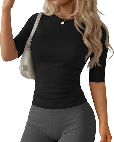 Women's Workout Tops Half Sleeve Compression Shirt Slim Fit Crewneck Elbow Length Tees 1/2 Sleeve Athletic T-Shirts in Kuwait