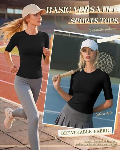 Women's Workout Tops Half Sleeve Compression Shirt Slim Fit Crewneck Elbow Length Tees 1/2 Sleeve Athletic T-Shirts in Saudi Arabia