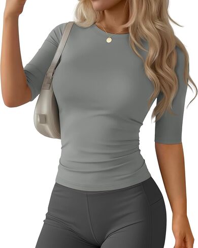 Women's Workout Tops Half Sleeve Compression Shirt Slim Fit Crewneck Elbow Length Tees 1/2 Sleeve Athletic T-Shirts in Saudi Arabia
