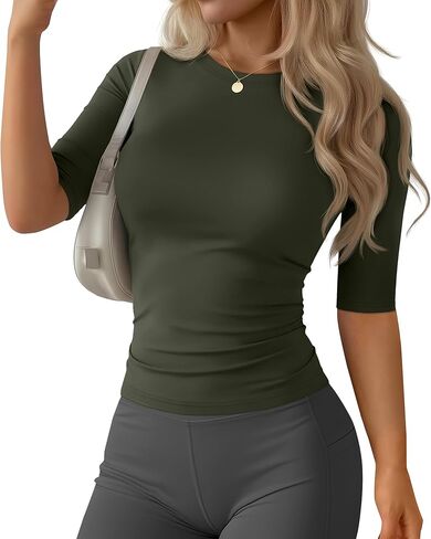 Women's Workout Tops Half Sleeve Compression Shirt Slim Fit Crewneck Elbow Length Tees 1/2 Sleeve Athletic T-Shirts in Saudi Arabia