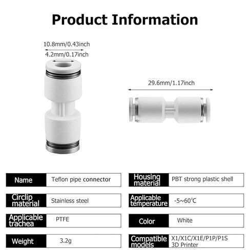 10 قطعة موصل أنبوب تغذية تفلون للطابعة ثلاثية الأبعاد Bambu Lab P1P/P1S/X1/X1C/X1E، AMS تغذية PTFE موصل أنبوب التغذية FDM ملحقات الطابعة ثلاثية الأبعاد أجزاء واجهة 1 قطر 4 مم واجهة 2 قطر 2.5 مم in Kuwait