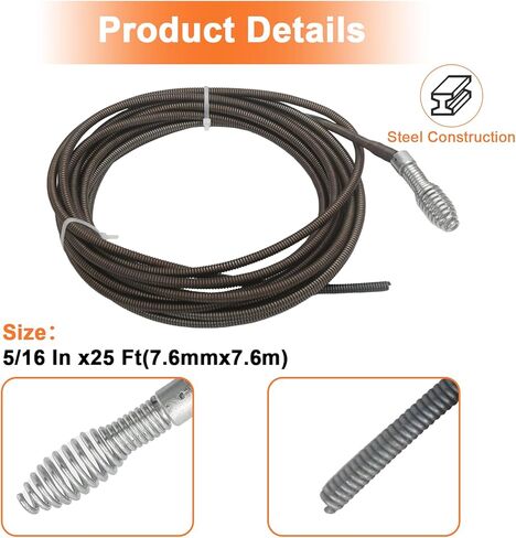 Drain Cleaning Cable 5/16 In x 25 Ft Replace 62235 Compatible with G1501245, 4MY89, 4Z661, G2037506 Drain Cleaning Machines in Kuwait